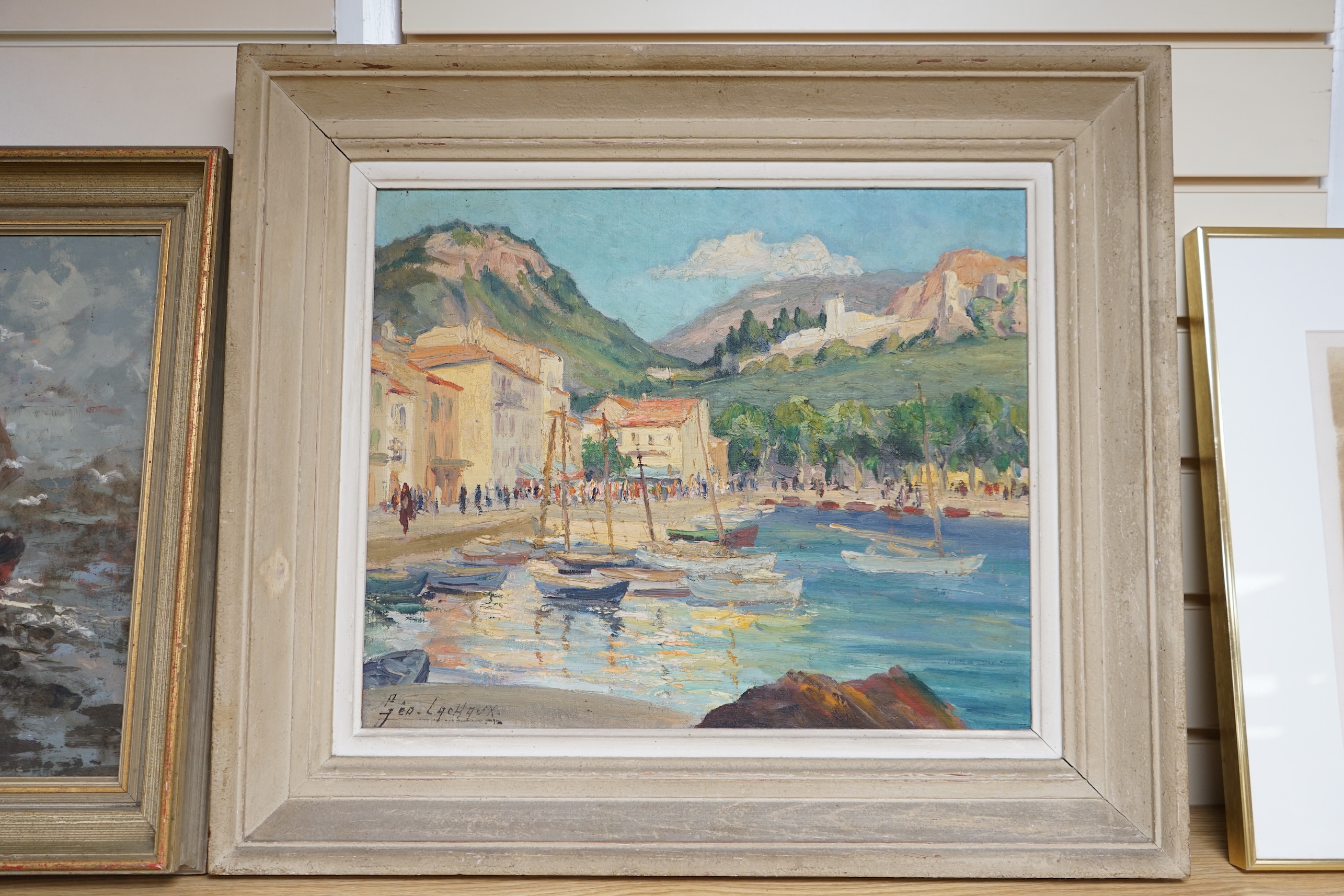 Georges Marius Géo-Lachaux (French, 1891-1966), impasto oil on canvas, Mediterranean harbour scene, signed, 37 x 45cm. Condition - good